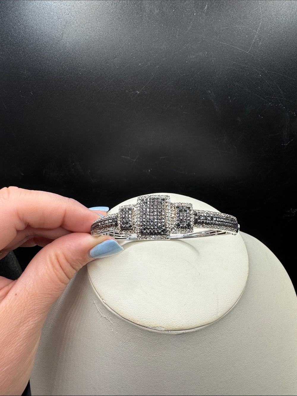 Pave Square black and white Diamond Cluster Sterling Silver Bracelet
